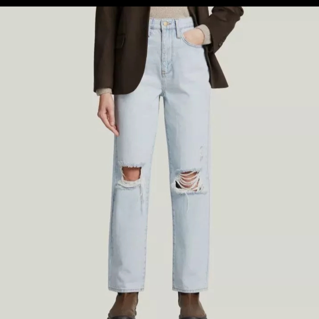 Triarchy High-Rise Women's Light Blue Indigo Distressed Straight Leg Jeans Sz 28